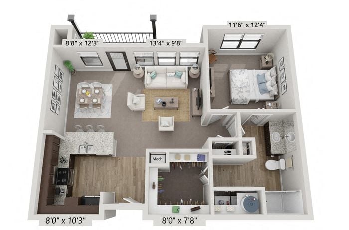 a 2 bedroom floor plan with a bathroom and a bedroom